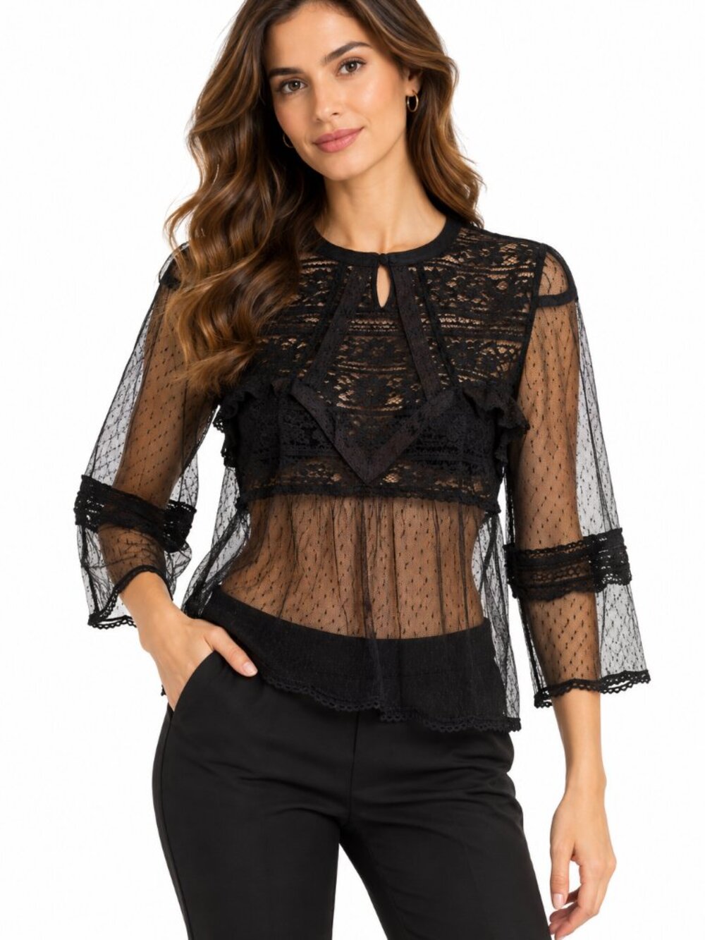 Rebellion Black Sheer Lace Blouse Top Size M